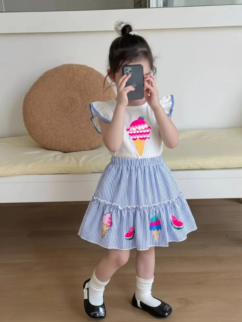 Girls Blue Stripe Skirt & White Ice Cream Tee Set